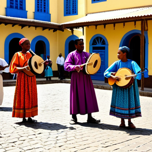 카보베르데 공용어 - Cultural Heritage**

"A vibrant scene in Cape Verde featuring musicians playing traditional Morna mu...
