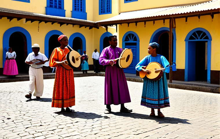 카보베르데 공용어 - Cultural Heritage**

"A vibrant scene in Cape Verde featuring musicians playing traditional Morna mu...